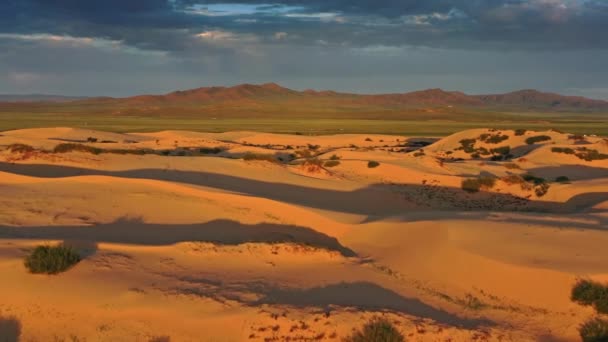 Dunas de areia no deserto ao nascer do sol na Mongólia — Vídeo de Stock