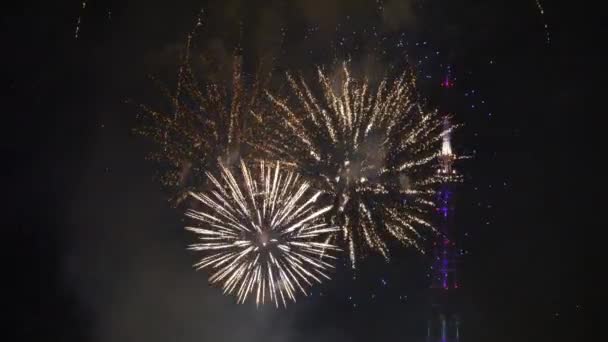 Fogos de artifício e torre de tv no céu noturno — Vídeo de Stock