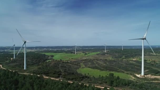 Aerial view of windmills on wind farm — 비디오