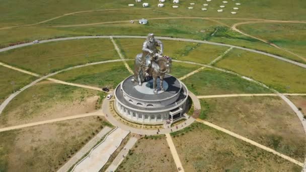 Aerial around view of statue of Genghis Khan — 비디오