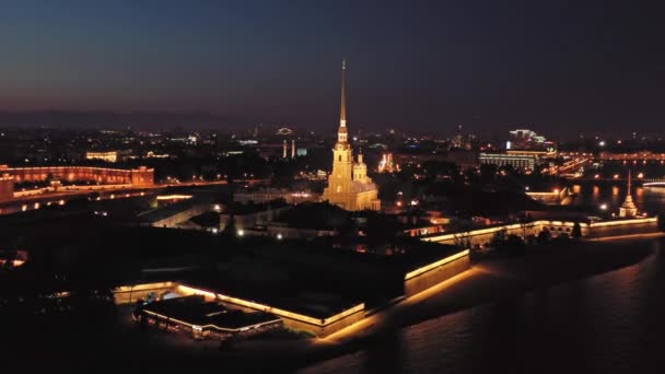 Aerial night view of Peter and Paul Fortress — Stock Video