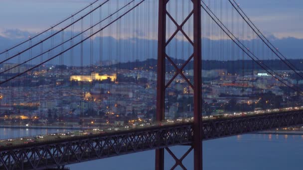 Bridge of 25th April with car traffic after sunset — Stock Video