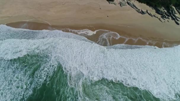 Aerial top view on ocean waves and sand beach — 비디오