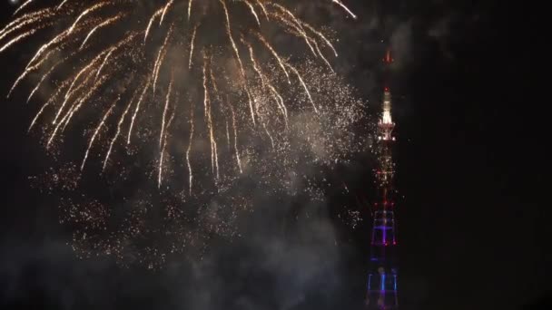 Prachtige Kleurrijke Vuurwerk Show Toren Aan Nachtelijke Hemel — Stockvideo