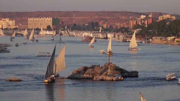 エジプトのサンセットでアスワンのナイル川にフェルーカ船と美しい風景4K — ストック動画