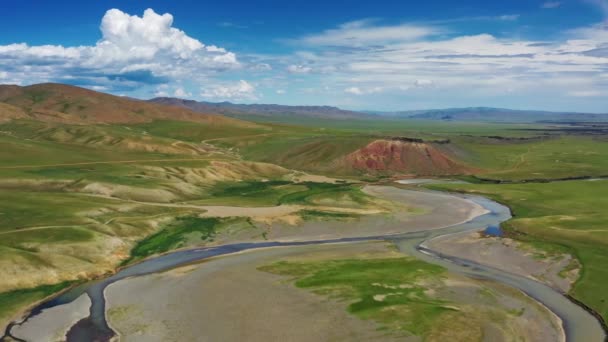 Vue Aérienne Des Steppes Des Montagnes Dans Vallée Orkhon Mongolie — Video