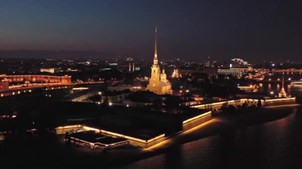 Luchtfoto Van Peter Paul Fort Met Stadsgezicht Zonsondergang Sint Petersburg — Stockvideo