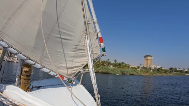 アスワン 4Kのナイル川を航行するエジプトのフェルーカ船からの眺め — ストック動画