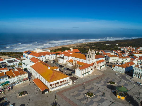 Letecký Pohled Kostel Nossa Senhora Nazare Vrcholku Kopce Portugalsko — Stock fotografie