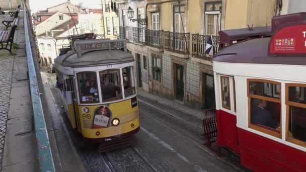 Lisbon Portugal Circa Feb 2019 Vintage Tram Old City Center — стокове відео