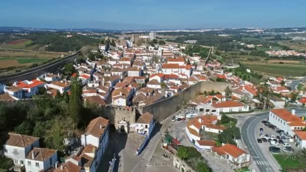 Flygfoto Över Medeltida Staden Obidos Med Mur Och Fästning Portugal — Stockvideo