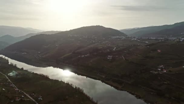 Flygfoto Över Terrasserade Vingårdar Dourodalen Vid Solnedgången Portugal — Stockvideo