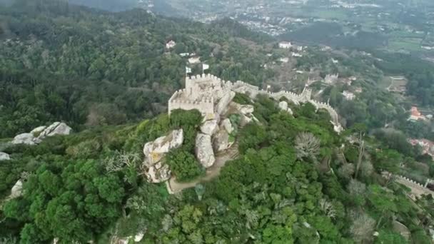 Luchtfoto Van Castelo Dos Mouros Moors Kasteel Moors Sintra Portugal — Stockvideo