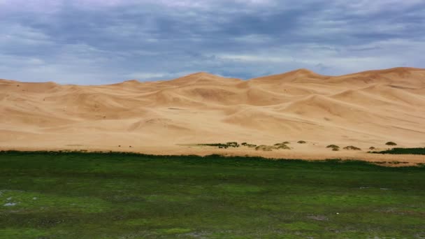 ゴビ砂漠 モンゴル 4Kの暗い曇りの空の下で砂丘の空中ビュー — ストック動画