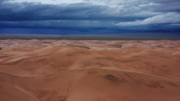 Aerial View Sand Dunes Storm Clouds Sunset Gobi Desert Mongolia — Stock Video