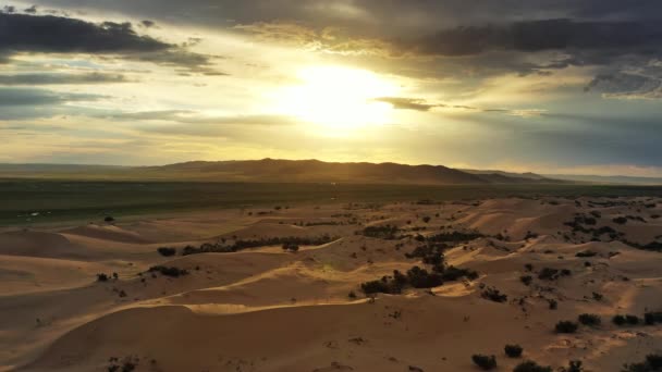 Vista Aérea Das Dunas Areia Elsen Tasarhai Bayan Gobi Pôr — Vídeo de Stock