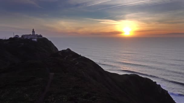 Maják Mysu Roca Cabo Roca Při Západu Slunce Nejzápadnější Bod — Stock video