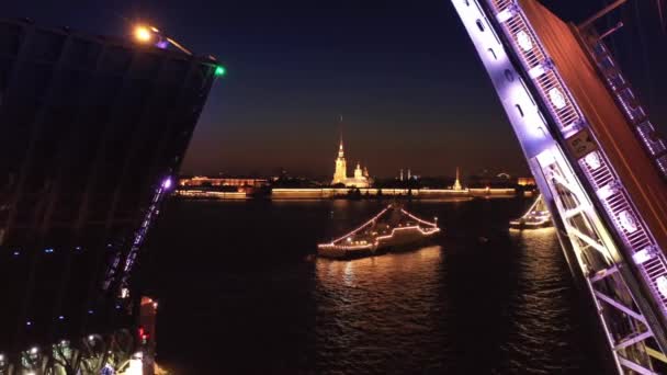 描かれた宮殿橋とサンクトペテルブルクのピーターとポール要塞の空中ビュー夜 ロシア — ストック動画