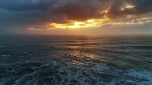 Aerial View Big Waves Atlantic Ocean Dramatic Sunset Sky — Stock Video