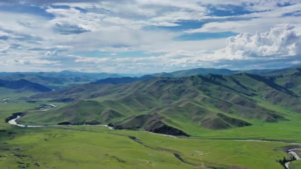 Vista Panorámica Aérea Del Paisaje Estepa Las Montañas Valle Orkhon — Vídeos de Stock