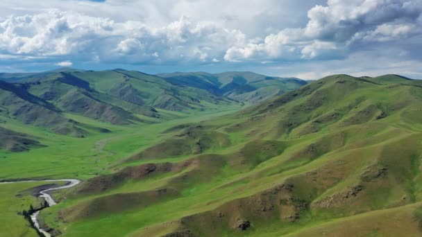 Vista Aérea Del Paisaje Estepa Las Montañas Valle Orkhon Mongolia — Vídeos de Stock