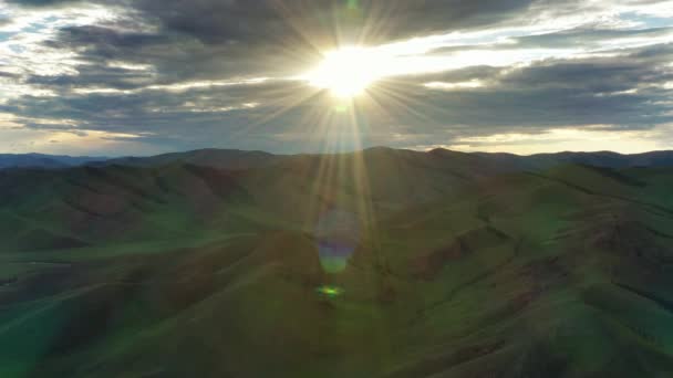 Aerial Landscape Setting Sun Mountains Mongolia — Stock Video