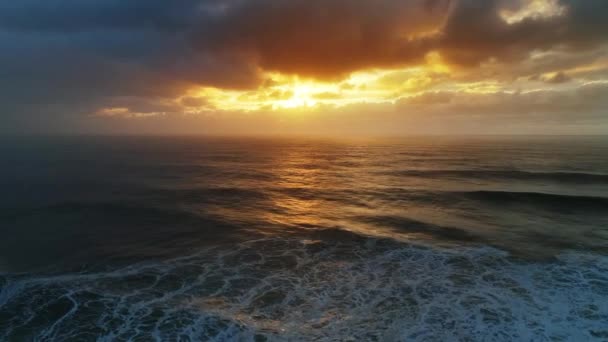Aerial View Big Waves Atlantic Ocean Dramatic Sunset Sky — Stock Video