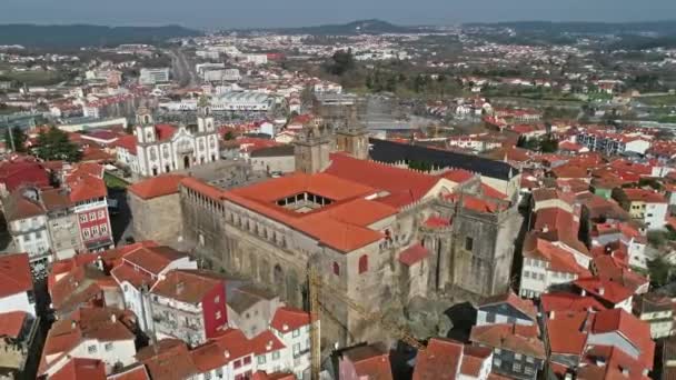 Aerial View Old Historic Town Viseu Church Cathedral Portugal — Stock Video