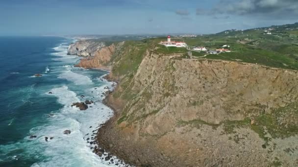 罗加角灯塔的空中景观 Cabo Roca 欧洲大陆最西端 葡萄牙 — 图库视频影像