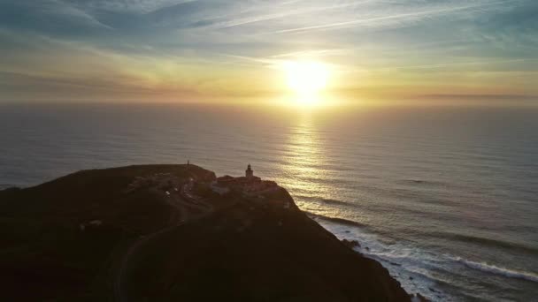 Güneş Batarken Cape Roca Daki Deniz Fenerinin Cabo Roca Havadan — Stok video