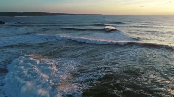 Aerial View Big Waves Atlantic Ocean Sunset Sky — Stock Video