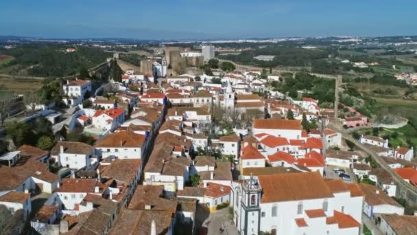 Luchtfoto Van Middeleeuwse Stad Obidos Met Muur Fort Portugal — Stockvideo