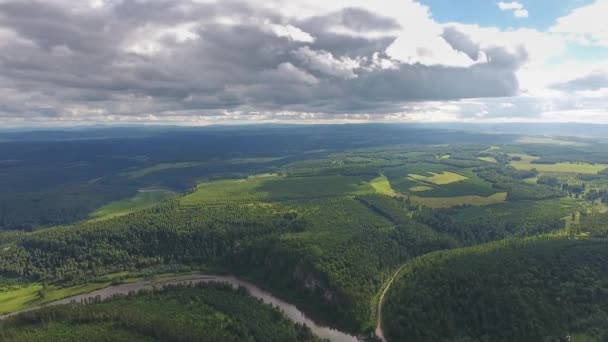 Aerial Panorama Landscape Yuryuzan River Ural Mountains Russia — Stock Video