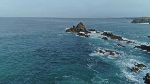 Aerial View Sea Waves Volcanic Rocks Coastline Portugal — Stock Video