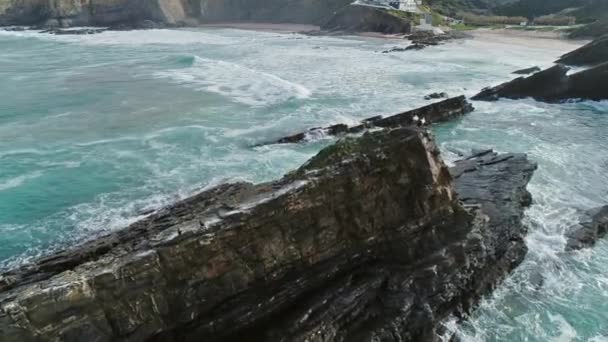 葡萄牙海岸线上岩石上的鹤和海浪的空中图像 — 图库视频影像