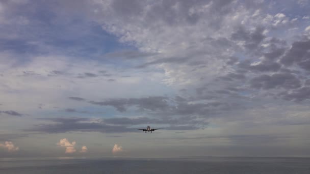朝に熱帯の海に着陸する前に旅客機 — ストック動画