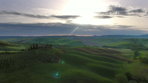 Toskana Antenne Sonnenaufgang Ackerland Hügellandschaft Italien Europa — Stockvideo