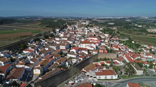 Luchtfoto Rondom Uitzicht Middeleeuwse Stad Obidos Met Muur Fort Portugal — Stockvideo