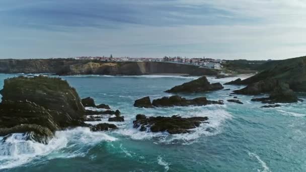 Luchtfoto Van Zambujeira Mar Stad Strand Alentejo Portugal — Stockvideo