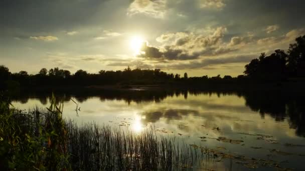 Flod Solnedgång Vackert Landskap Zoom Timelapse — Stockvideo