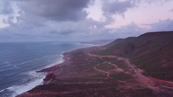 Letecký Pohled Pobřeží Atlantiku Při Západu Slunce Maroku — Stock video