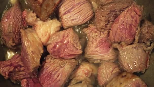 Raw Pieces Beef Meat Fried Pan Closeup — Stock Video