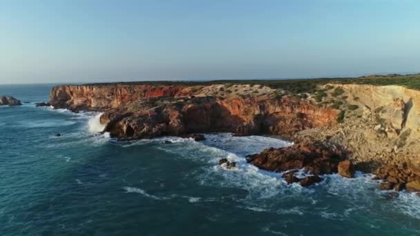 Aerial View Atlantic Coast Rock Cliffs Waves Sunset Portugal — Stock Video