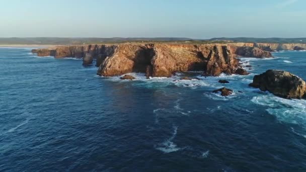 Aerial View Atlantic Coast Rock Cape Waves Sunset Portugal — Stock Video