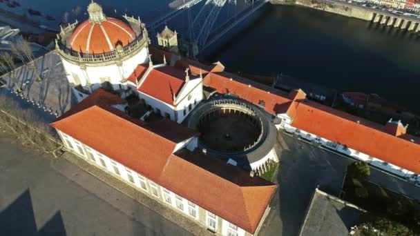 Flygfoto Över Serra Pilar Kloster Och Dom Luis Bron Porto — Stockvideo