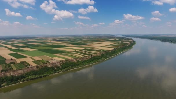 Vista Aérea Campos Colores Orilla Alta Del Río Danubio Serbia — Vídeo de stock