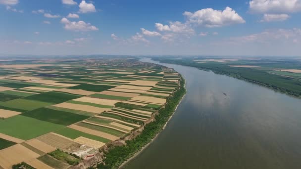 Вид Воздуха Красочные Поля Высоком Берегу Дуная Сербии — стоковое видео