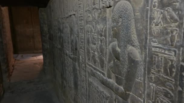 Иероглифическая резьба в древней гробнице — стоковое видео
