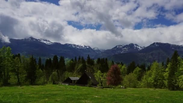 Alpes de montanha casa e árvores em nuvens de nevoeiro — Vídeo de Stock