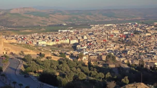 Πανόραμα Άποψη Της Παλιάς Medina Στο Fes Στο Ηλιοβασίλεμα Μαρόκο — Αρχείο Βίντεο